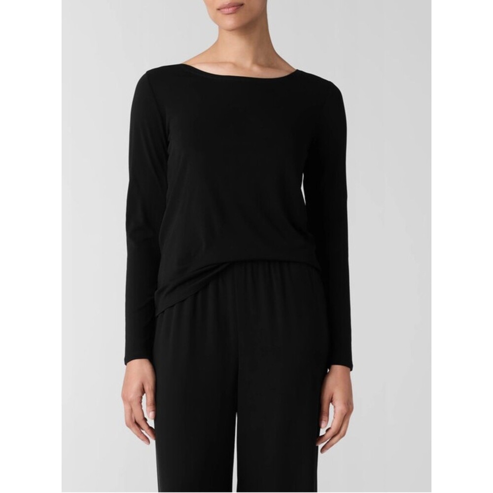 Eileen Fisher Black Stretch Silk Jersey Scoop Neck Top Large Petite Best Seller